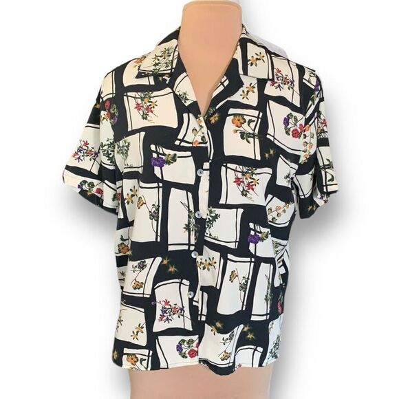 Vintage 90s Oversized Shirt Black Dark Floral Patchwork Checkered Button Front - Picture 1 of 9